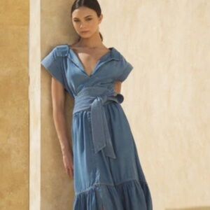 V-Neck Blue Maxi Dress with Wrap Tie Waist